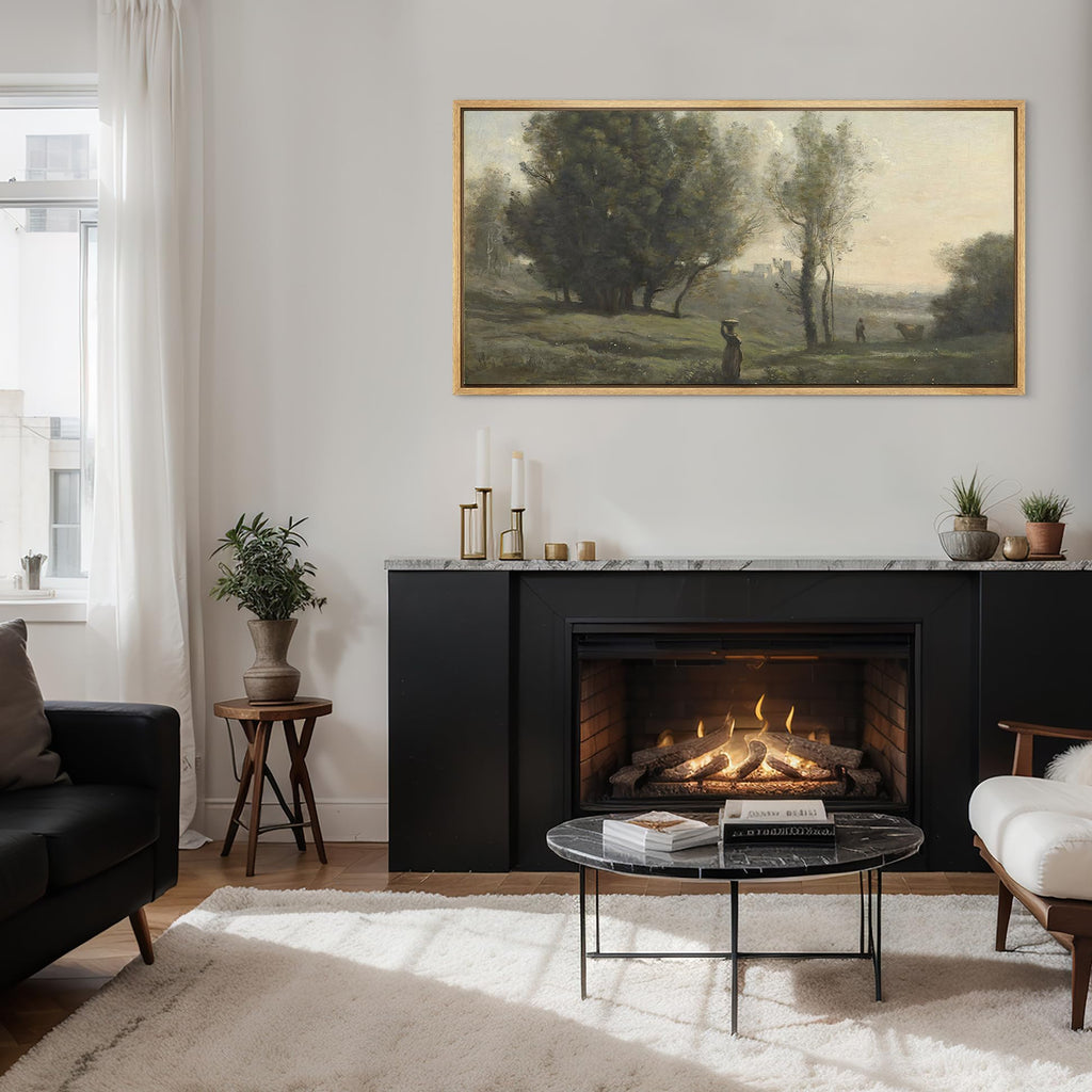 Extra Large Framed Canvas Print Wall Art Pastoral Elegance Tranquil Countryside with Figure Vintage Inspired Colorful