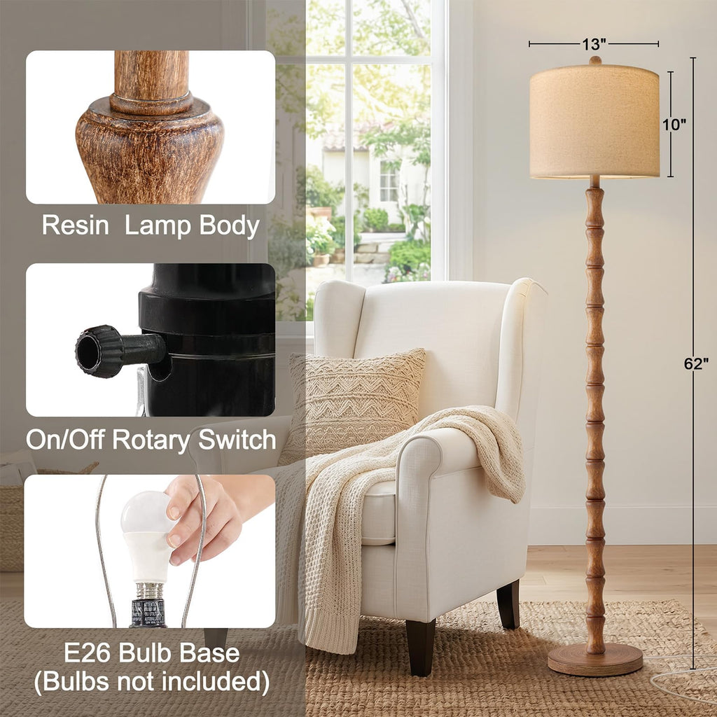 62" Farmhouse Floor Lamp, Rustic Standing Lamp with Linen Shade and Rotary Switch, Resin Corner Floor Lamp Decor