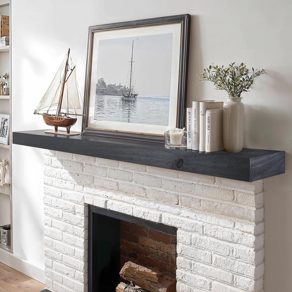 60" Solid Wood Floating Fireplace Mantel Shelf, Black