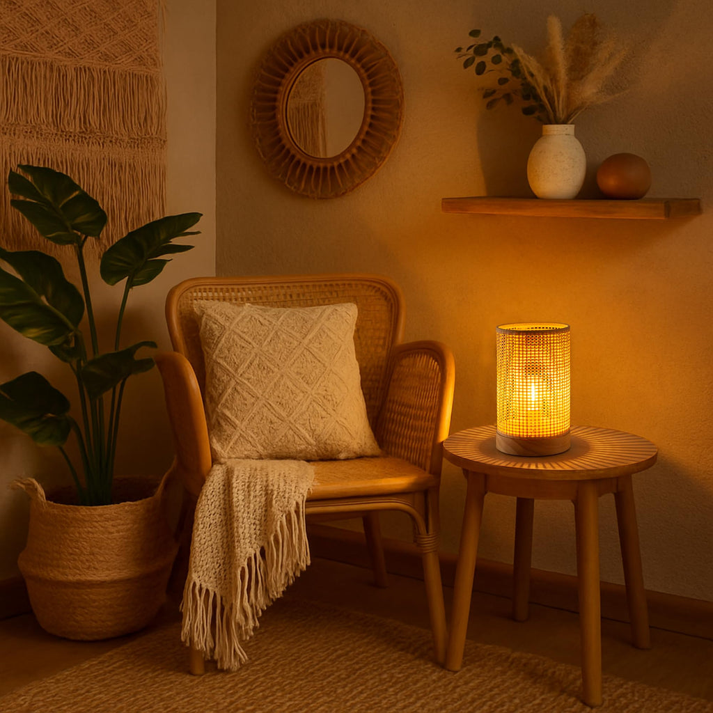 Rattan Lamp, Battery Operated Table Lamp with Timer Boho