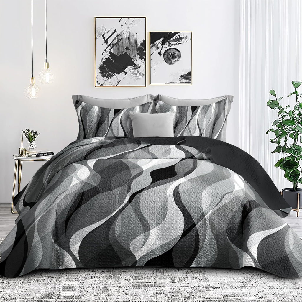 Weesire Classic Line Pattern Bedding Quilt Queen Modern Grey Black and White Stripe Quilt with 2 Shams