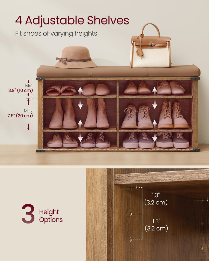 Shoe Storage Bench with Removable Cushion, Adjustable Shelves
