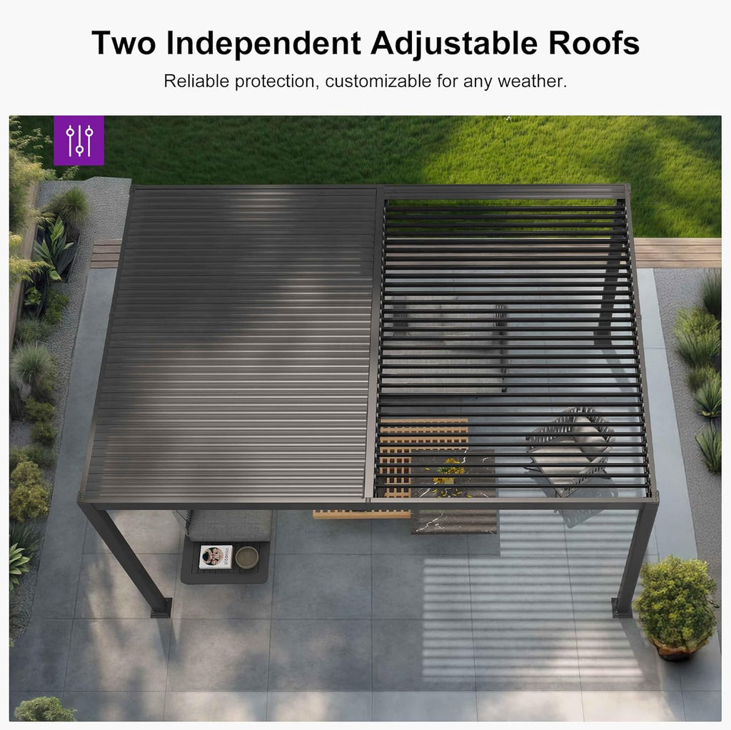 Louvered Pergola 10' x 12' Aluminum Outdoor Pergola with Adjustable Louvers Roof and Integrated Drainage System 70 Mph
