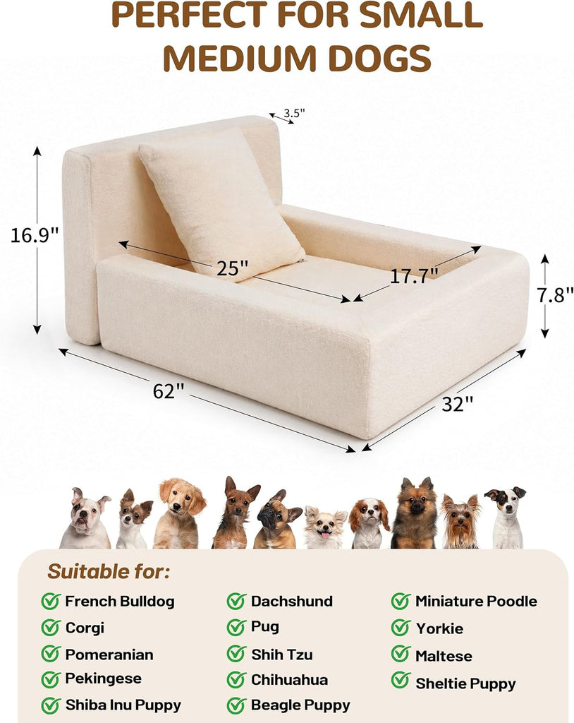 Boucle Dog Bed with Pillow, Furniture Style Dog Couch with Backrest, Washable Calming Pet Sofa Lounge for Small