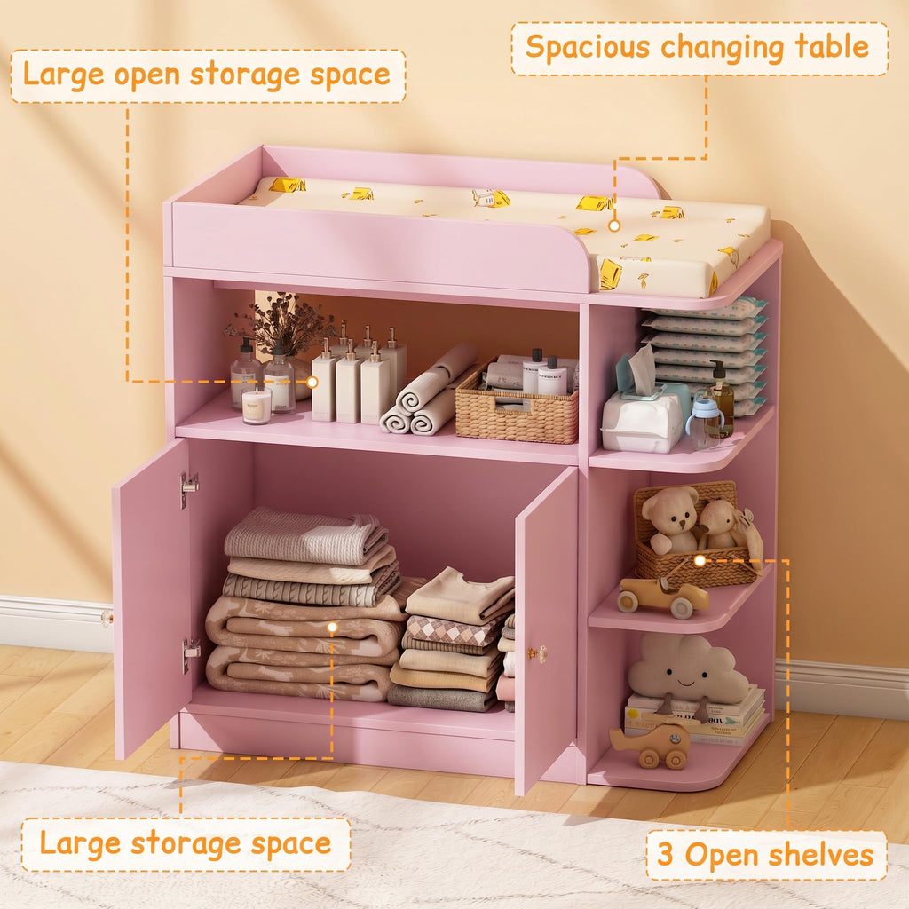 Changing Table Dresser with Large Cabinet, Wood, Pink