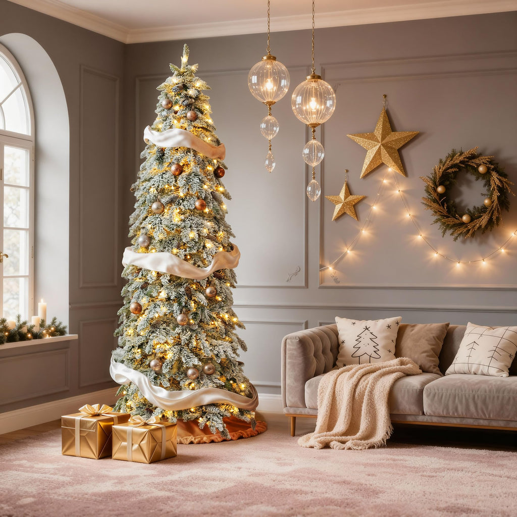 7.5FT Prelit Flocked Pencil Spruce Christmas Tree with LED Lights