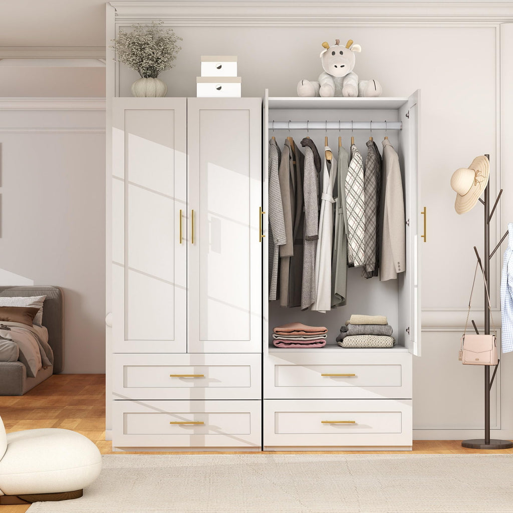 White Wardrobe with 4 Doors and 4 Drawers, 75" Tall x 63" Wide