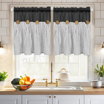 Cotton Linen Kitchen Valance Curtains, Boho Rustic Button Linen Valances for Windows Farmhouse, Black with Grey