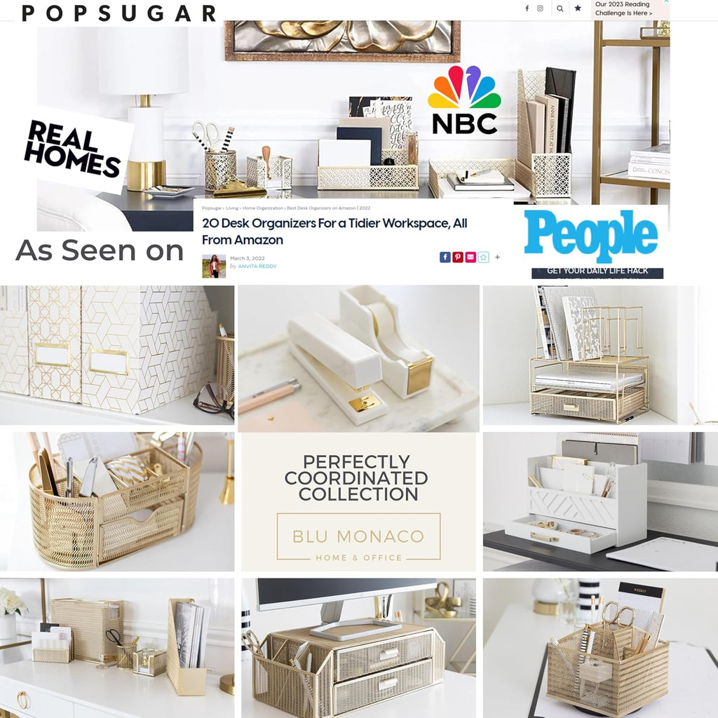 White Wooden Desk Organizer & Mail Organizer with Drawer & Gold Handle | Mail Sorter Countertop | 6 Compartments |