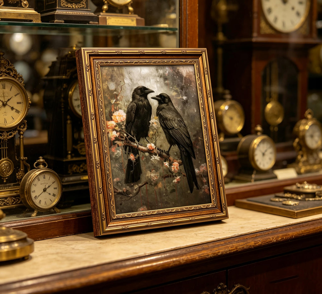 Vintage Gold Framed Crow Wall Art, Gothic Raven Floral Canvas Prints, Dark Academia Aesthetic Bird Wall Decor, Moody