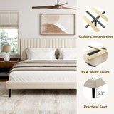 King Bed Frame with Velvet Upholstered Headboard, Platform Bed with Strong Wood Slats, Mattress Foundation