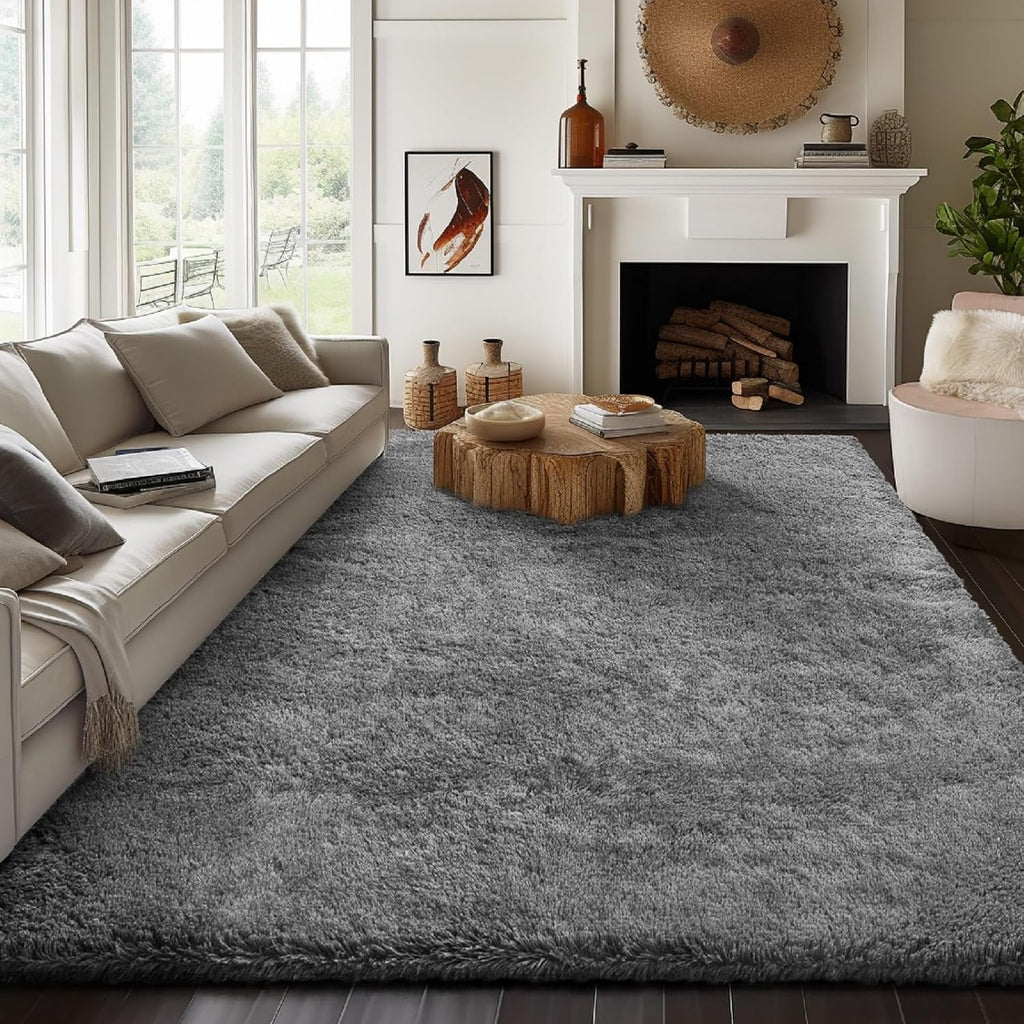 8x10 Area Rugs, Upgrade Non-Slip Fluffy Soft Large Shag Bedroom Carpet, Grey Big Indoor Thick Rug, Gray Carpets for