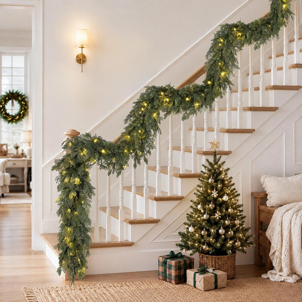 Pre-Lit Christmas Garland 9FT Decorations Real Touch Cedar Cypress Pine Greenery Artificial Green Christmas Garland