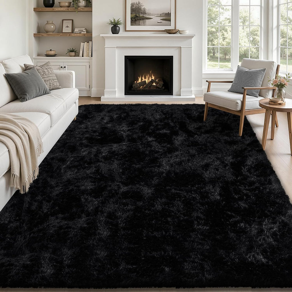 Fluffy Shag Area Rug Living Room Bedroom Washable Black