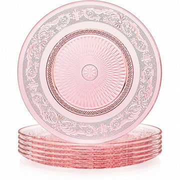 Art Deco Vintage Crystal Pink Plates | Set of 6 | Unique 10.5" Dinner or Charger Plates - Dinner, Charger, Dessert