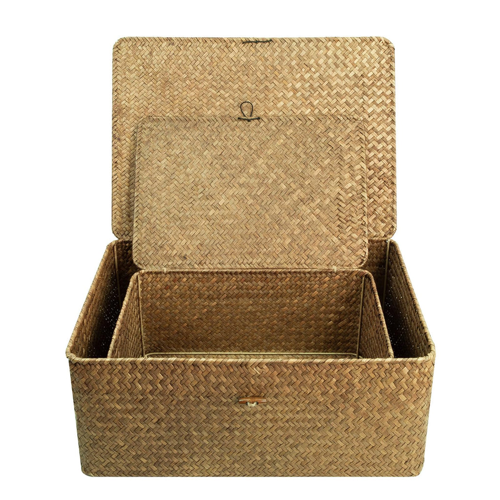 Shelf Storage Baskets with Lid, 2-Pack Wicker Storage Bakset, Woven Seagrass Decorative Boxes Storage Basket, Coffee