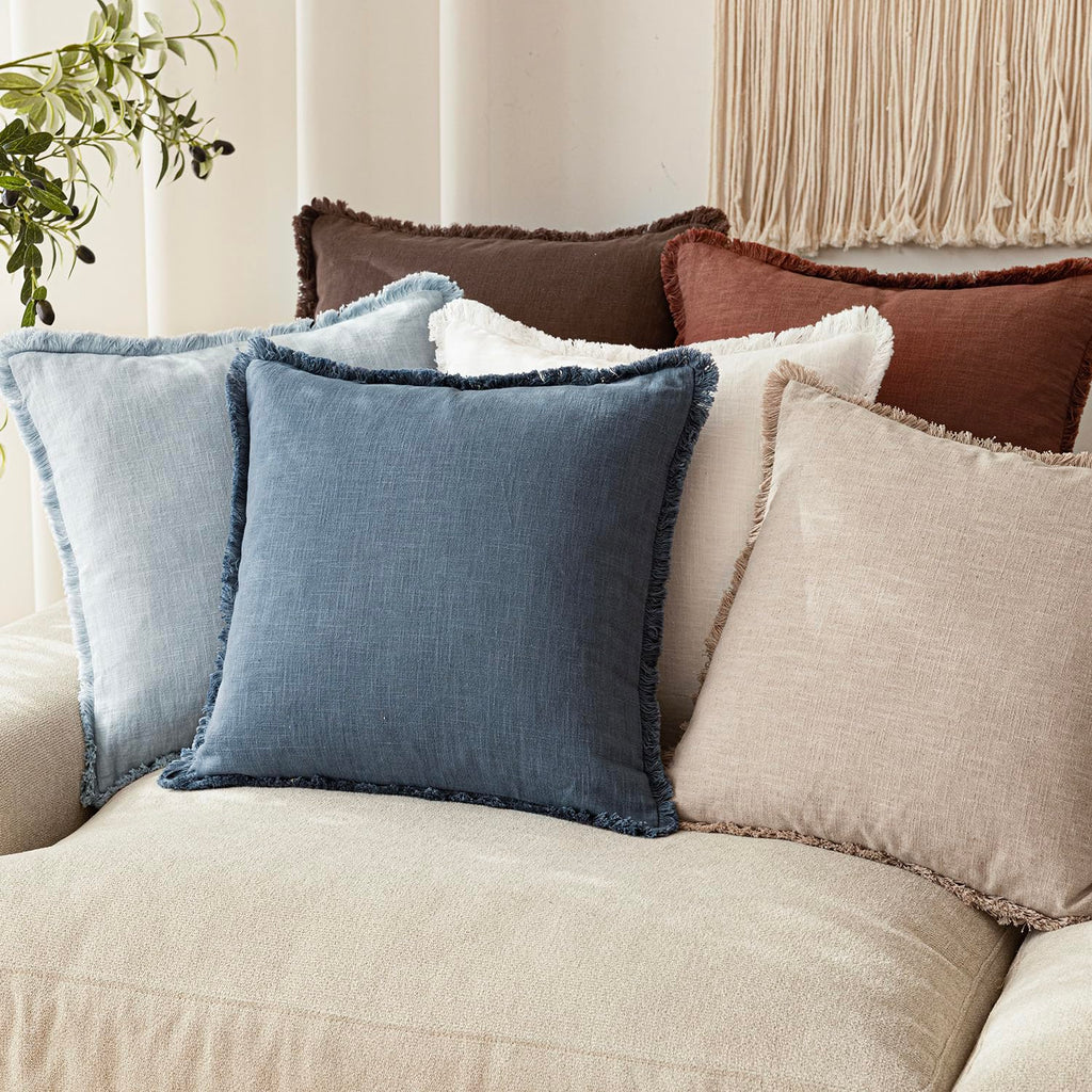 Decorative Linen Fringe Throw Pillow Covers 22×22 Inch, Dark Blue