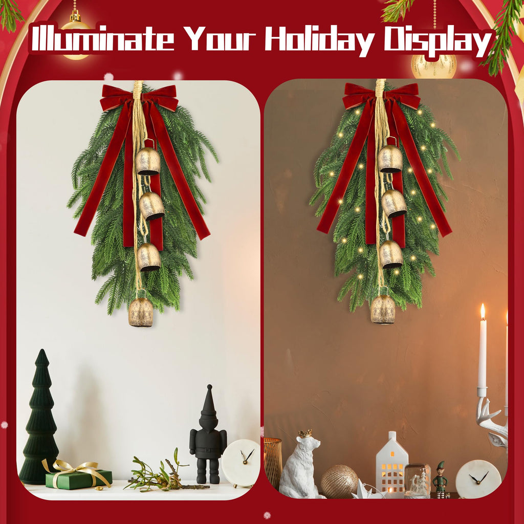 2 Pieces 20" Christmas Teardrop Swag for Front Door with Red Bowknot and Lights Artificial Norfork Pine Needles