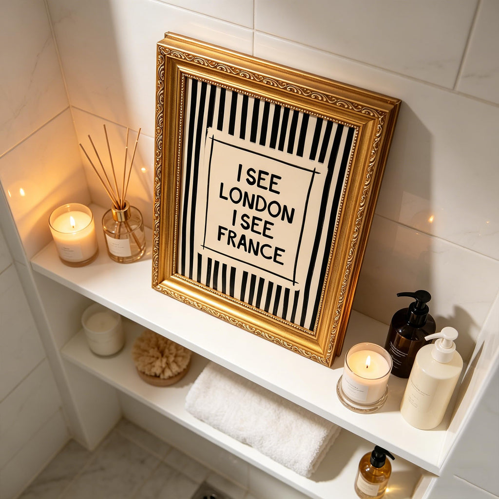I SEE LONDON I SEE FRANCE Framed Canvas Print, Gold Ornate Wall Art, Funny Quote Bathroom Painting, Retro Black White