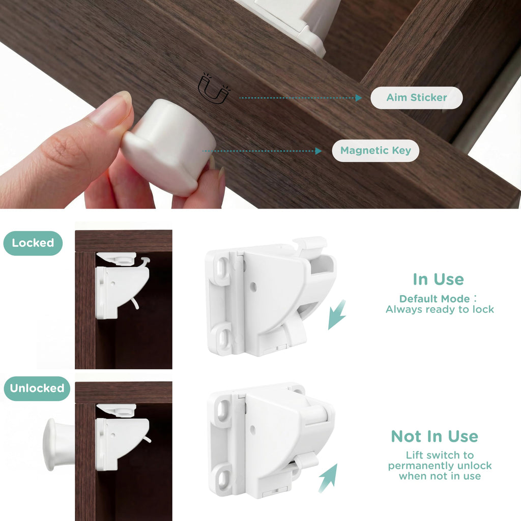 Magnetic Cabinet Locks for Baby Proofing, 10 Pack, 2 Keys