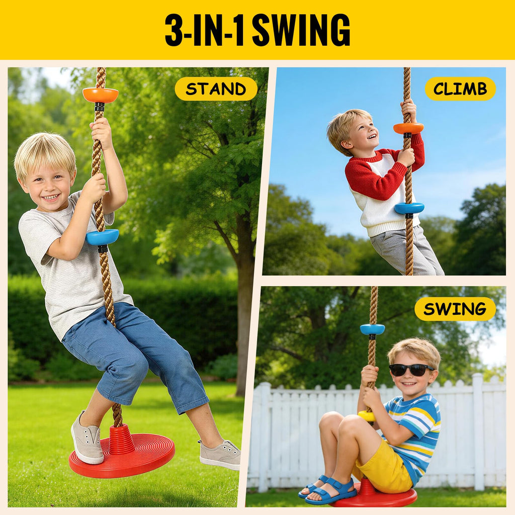 Tree Swing for Kids Climbing Rope Swing with Platforms and Disc Red
