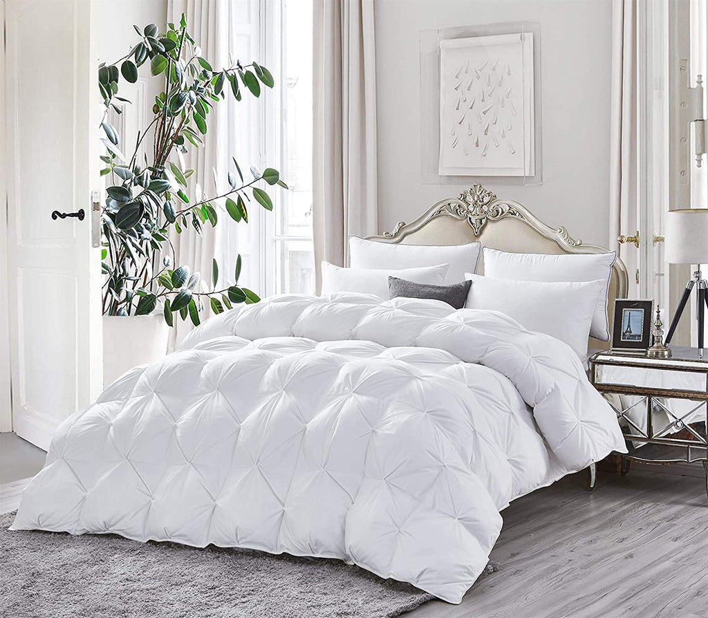 Luxurious Full/Queen Goose Down Comforter, Unique White Pinch Pleat, 600 Thread Count, 100% Egyptian Cotton Cover, 70