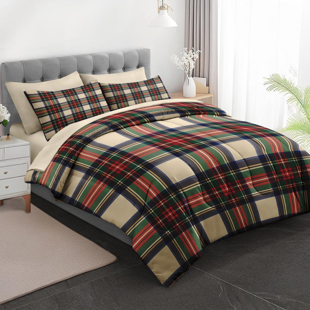 Comforter Set with Sheets, 5 Pieces Plaid Tartan Bedding
