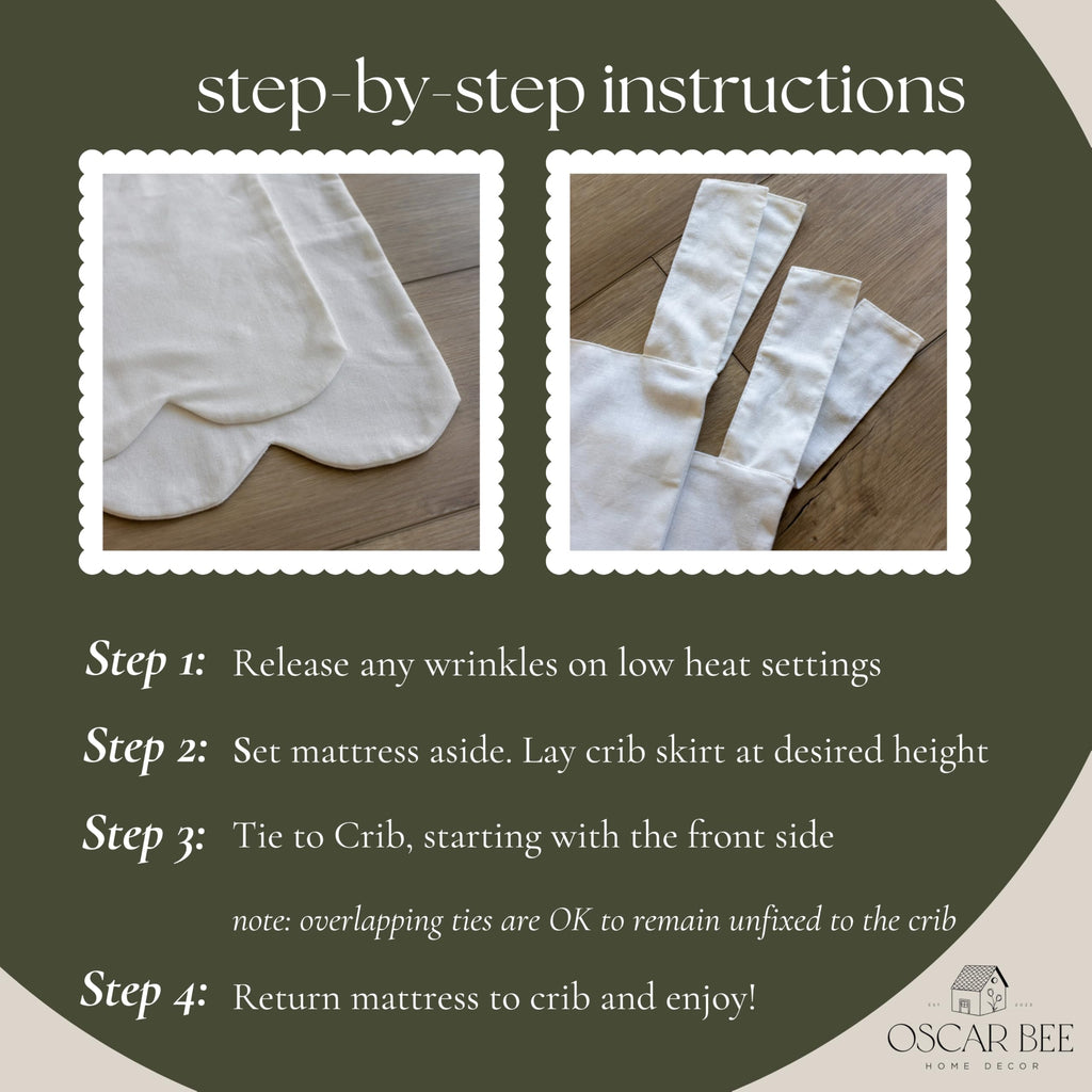 White Crib Bed Skirt, Front+Two-Sided Scalloped Skirt, 16in Drop