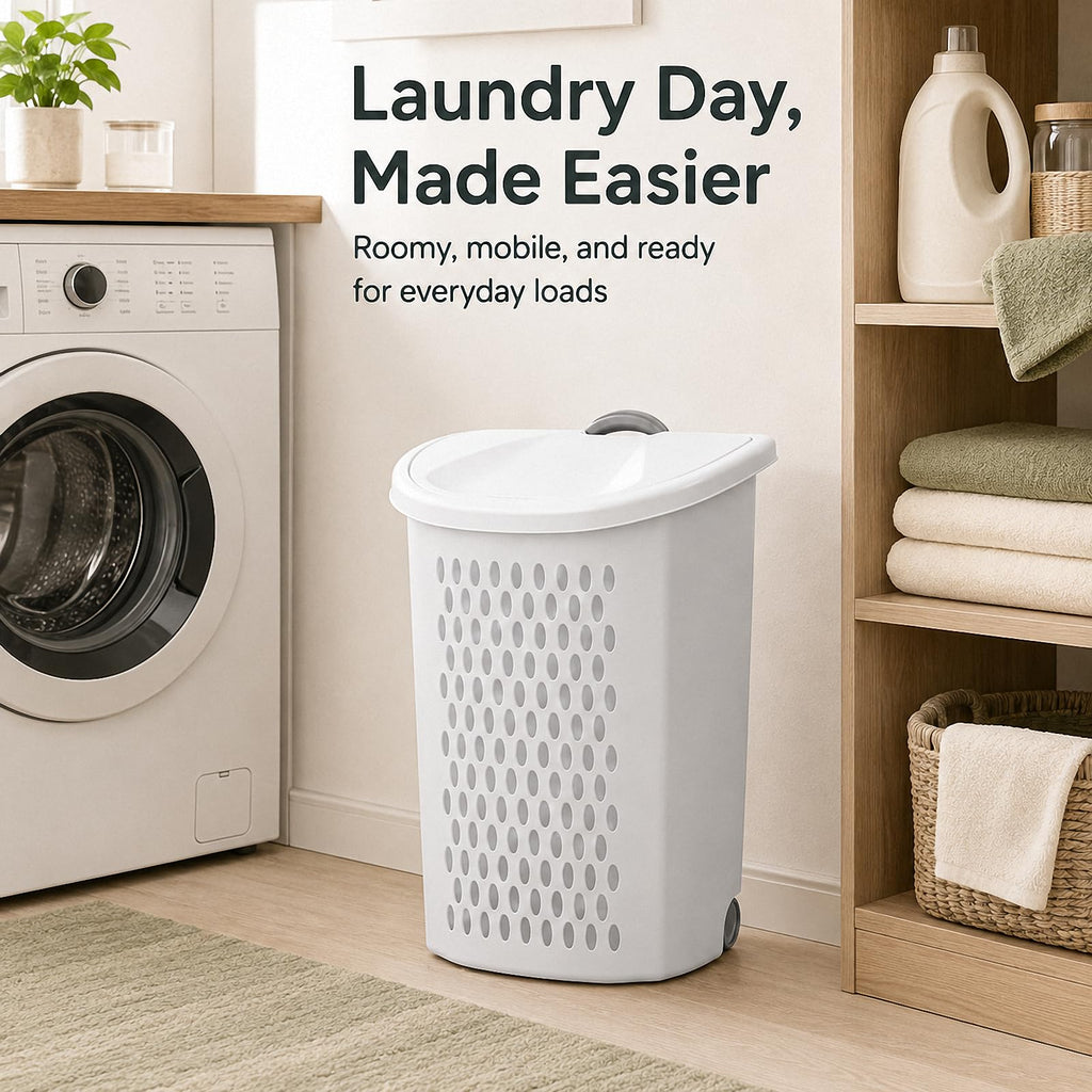 Rolling Laundry Hamper with Wheels & Handle, Plastic Basket with Lid,2-Pack