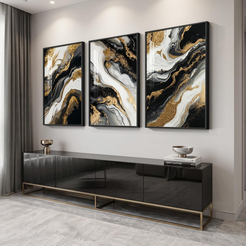 Large Framed Black Gold White Abstract Wall Art, Each 24x36