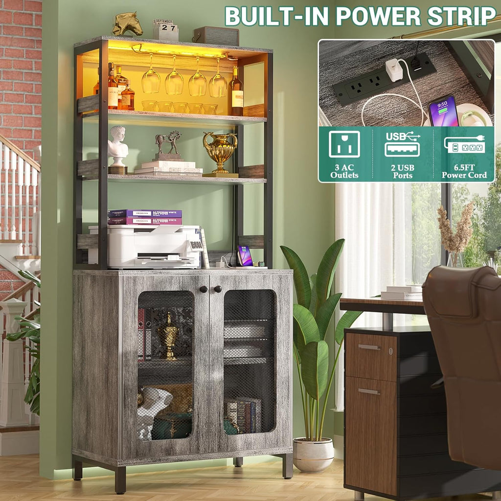 Bar Cabinet with Power Outlets,67" Tall Wine Bar Cabinet,White Oak | Liquor Cabinets with LED Lights and Glass