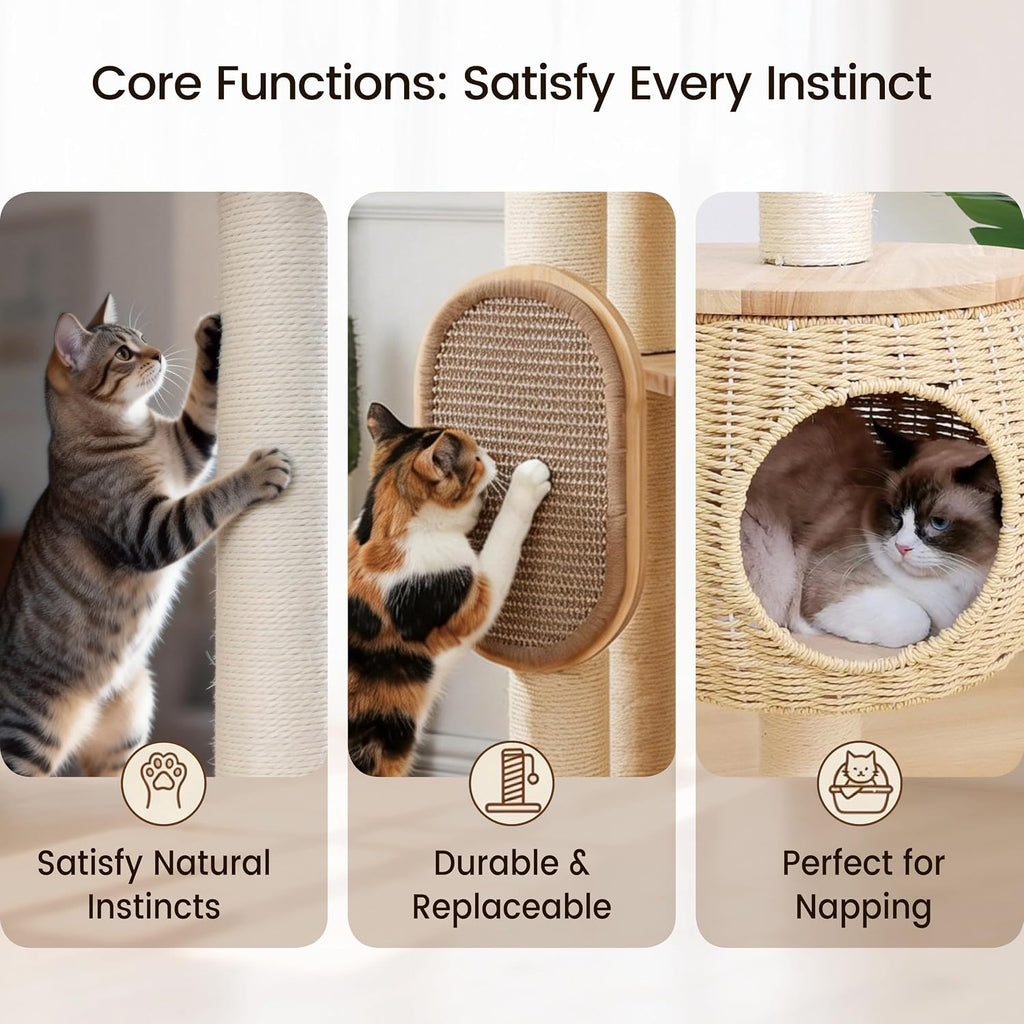 Modern Cat Tree, Cat Tower with Scratching Post, Handwoven Pumpkin Nests and Baskets, Sisal Blanket