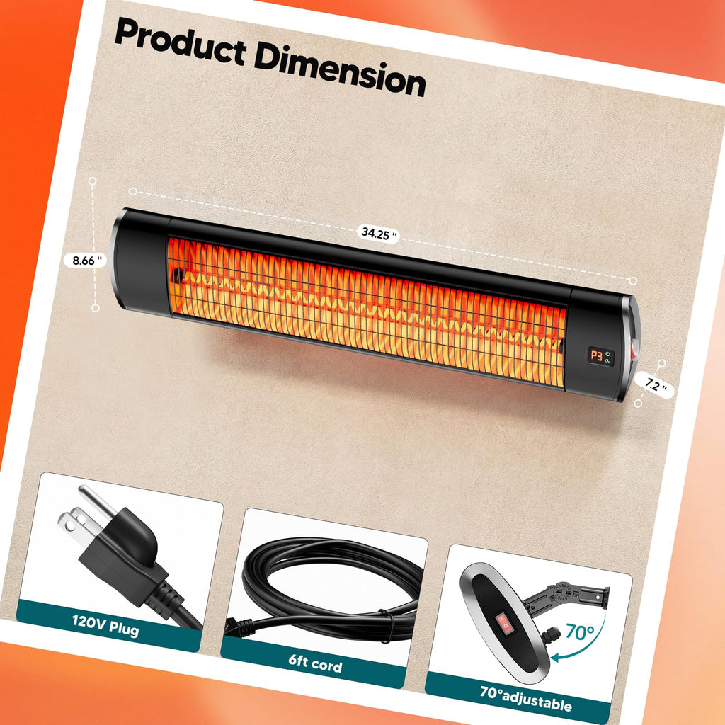 Wall-Mounted Electric Patio Heater for Outdoor, 1500W Infrared 3 Heat Levels, 24H Timers, 1s Heating Carbon Fiber