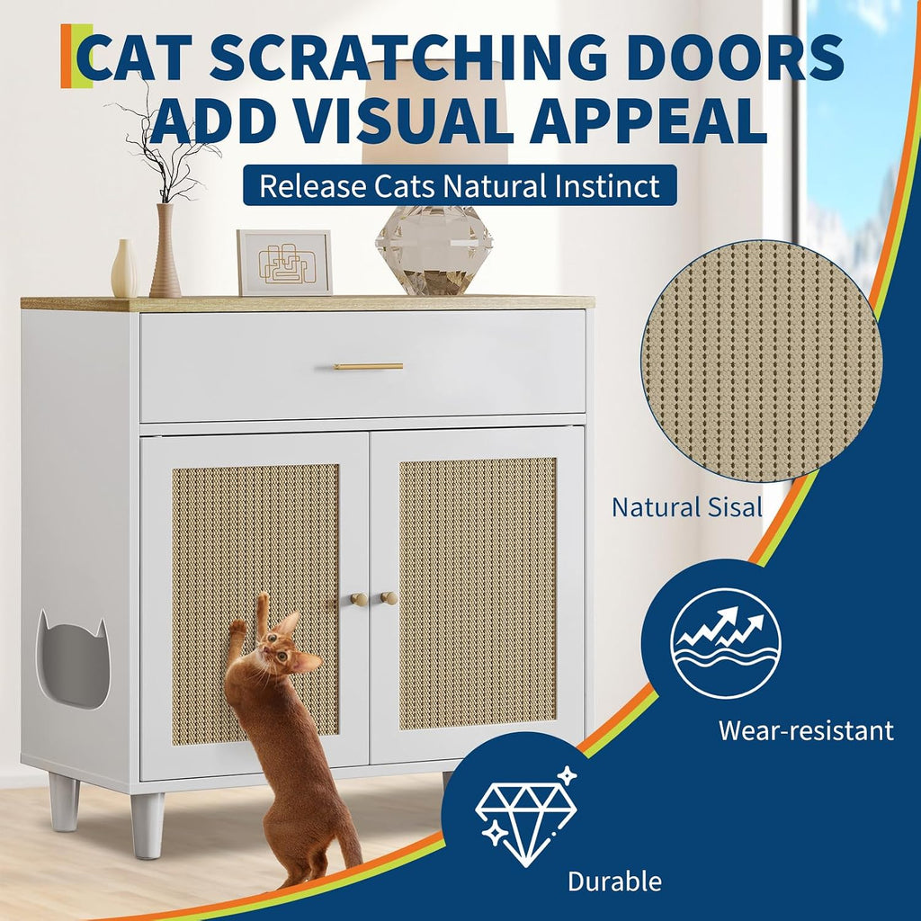 Cat Litter Box Enclosure with PE Rattan Decor Doors - Hidden Pet Storage Cabinet with Wood Feet & Scratching Pad