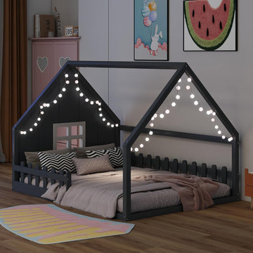 House Bed for Kids, Wood Montessori Floor Bed with LED Light Toddler Floorbed with Fence and Window