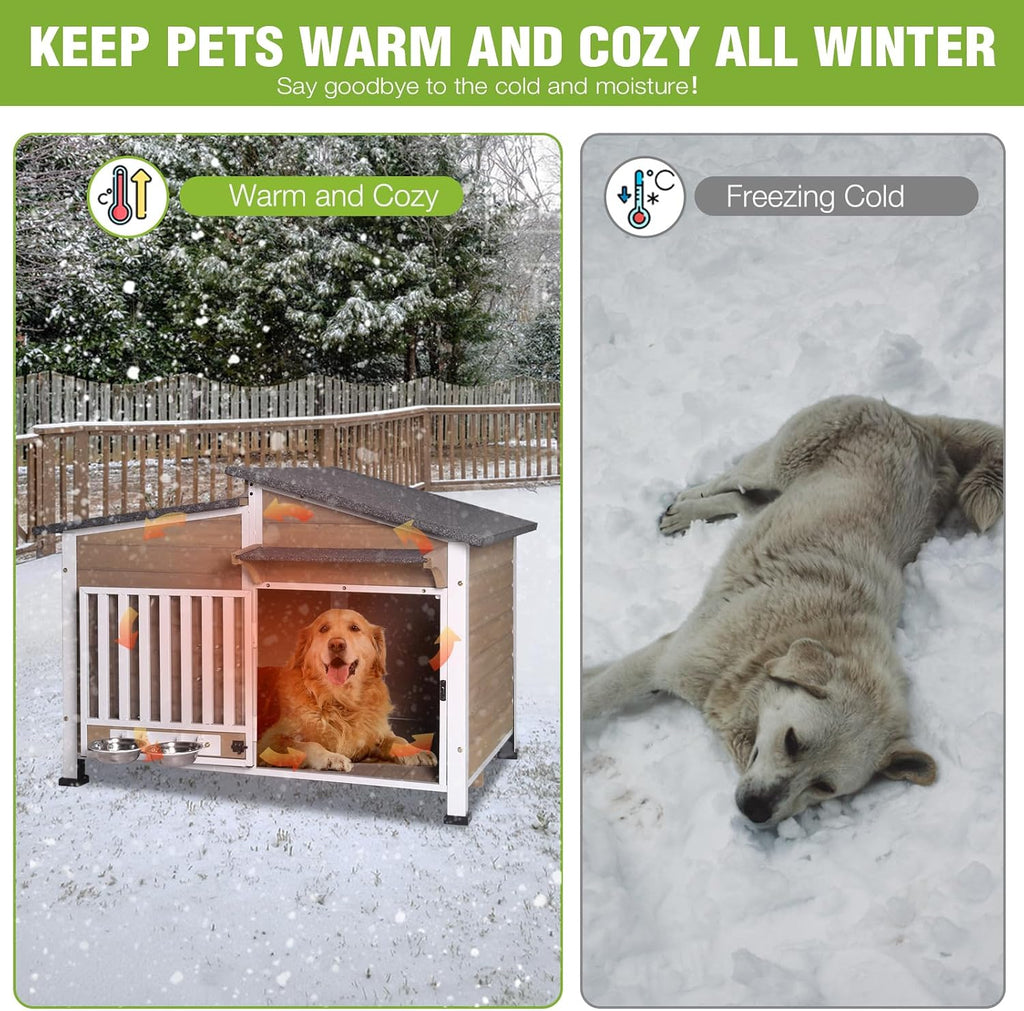 Large Insulated Dog House Outdoor Weatherproof Dog Kennel Shelter with Chew-Proof Full Metal Frame, 360° Rotatable