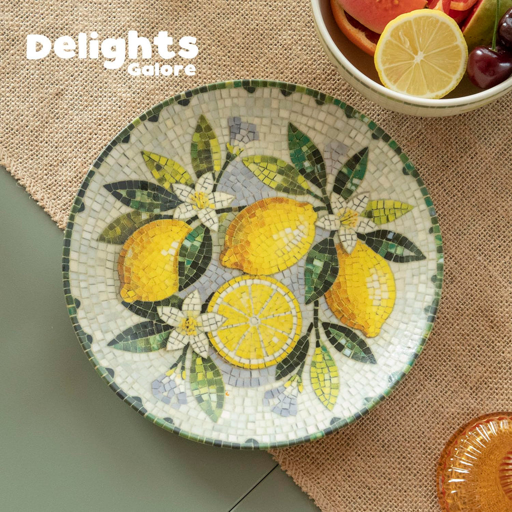 12-Piece Ceramic Dinnerware Set for 4, Lemon Mosaic Printed Plates and Bowls Set, Mediterranean Style Matte Stoneware