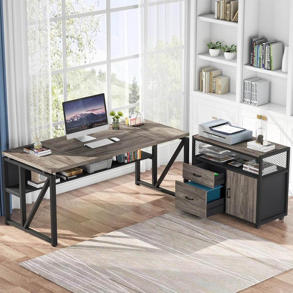 L Shaped Desk with Drawer Cabinet, 63" Executive Computer Desk and lateral File Cabinet