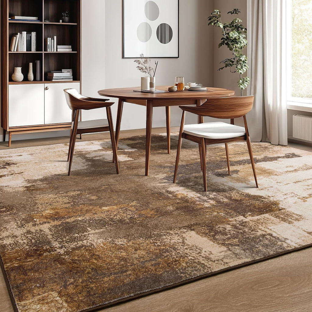 Living Room Rug, 9x12 Rug Modern Abstract Washable Rugs, Brown Vintage Low Pile Carpet, Non Slip Large Rugs for