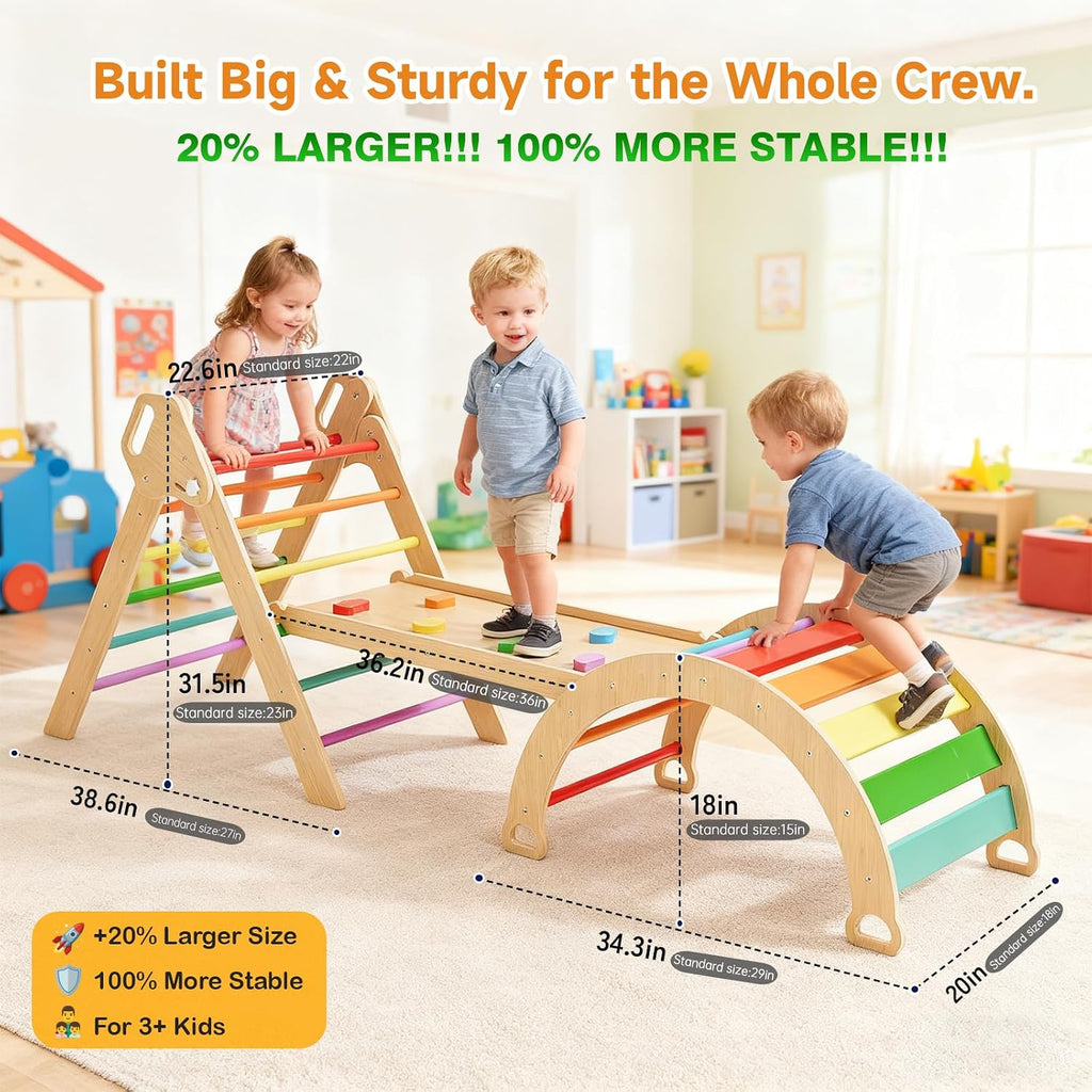 Large Triangle Set with Cushion,7 in 1 Foldable Baby Jungle Gym with Ramp & Arch,Wooden Montessori Toddler Climbing