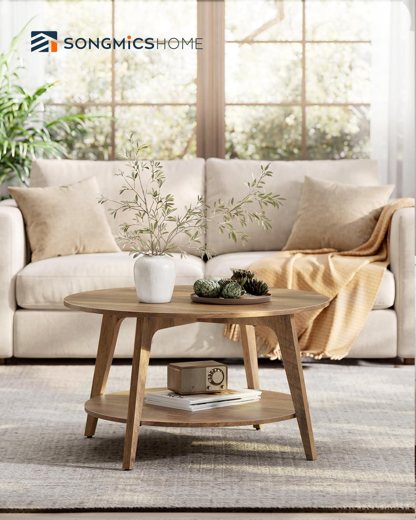 Round Coffee Table, 2 Tier Living Room Center Table, Mid Century Modern Charm, Brown