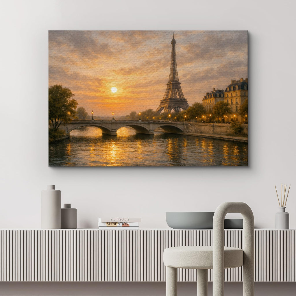 Canvas Print Wall Paris Eiffel Tower Sunset over the Seine River Cityscape Photography Realism Chic Landscape