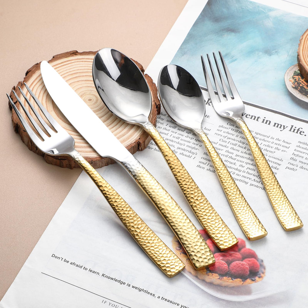 Hammered Silverware Set For 4, Forks and Spoons 18/10 Stainless Steel Heavy Duty Silverware Gold Cutlery Set 20 Piece