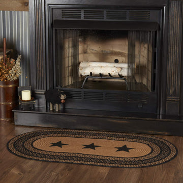 Farmhouse Primitive Jute Black Stenciled Stars Accent Rug Oval w/Floor Pad 27"x48"
