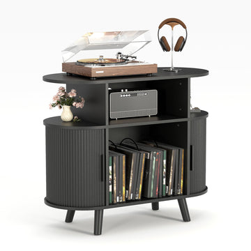 35'' Fluted Mid Century Modern Turntable Cabinet, Large Round Record Player Stand with Charging Station and Display