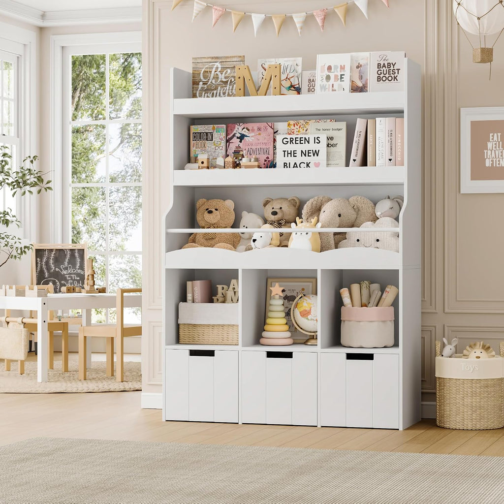 Toy Storage Organizer w/Bookshelf & Stuffed Animal Organizer, White | Large Toy Organizer with 3 Movable Storage