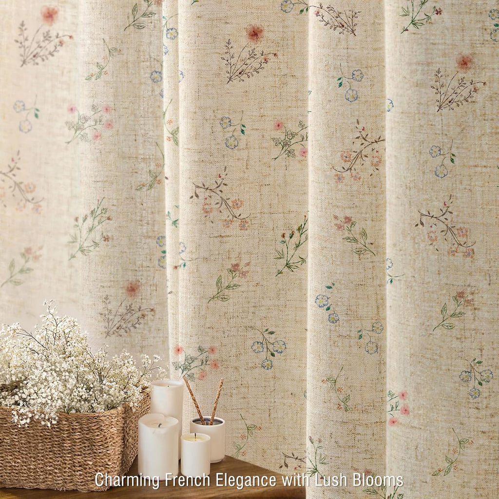 Floral Farmhouse Vintage Linen Shower Curtain, French Country Spring Shower Curtains with Tassels, 72Wx72H