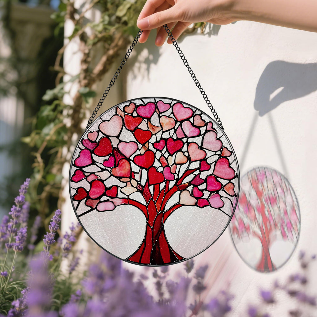 Stained Glass Window Hanging - 8 Inch Love Heart Tree Suncatcher, Sun Catchers Indoor Window | Valentine's Day