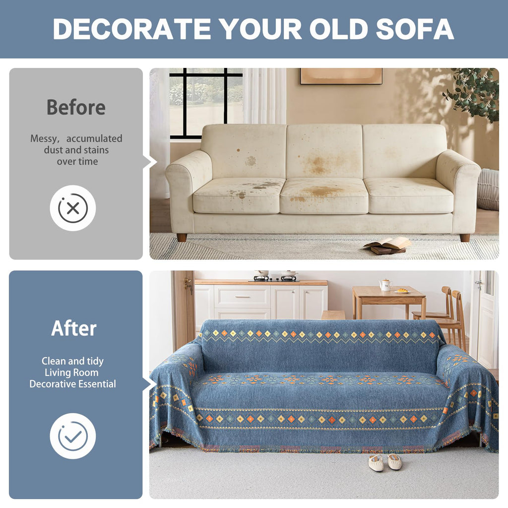 Blue Boho Couch Cover Geometric Jacquard Sofa Covers for 2 Cushion Couch Loveseat Couch Cover for Pets Dogs Vintage