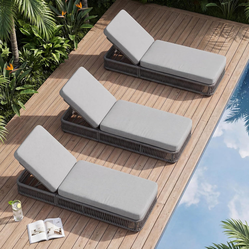 Outdoor Chaise Lounge Chair, 5-Position Adjustable Backrest, All-Weather Grey Woven Rope Recliner with 5 Inch Light